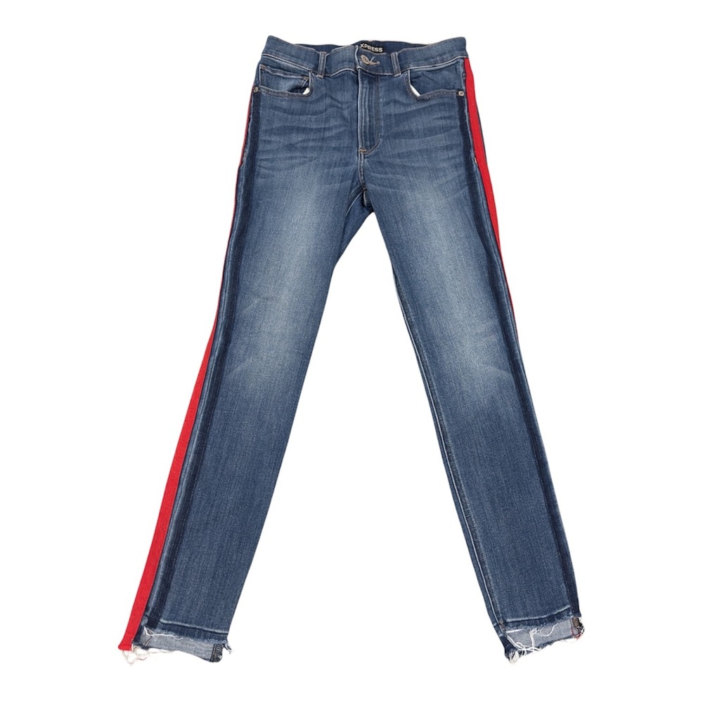 Express Womens High Rise Ankle Legging Jeans Blue Red Side Stripe Raw Hem Size 4